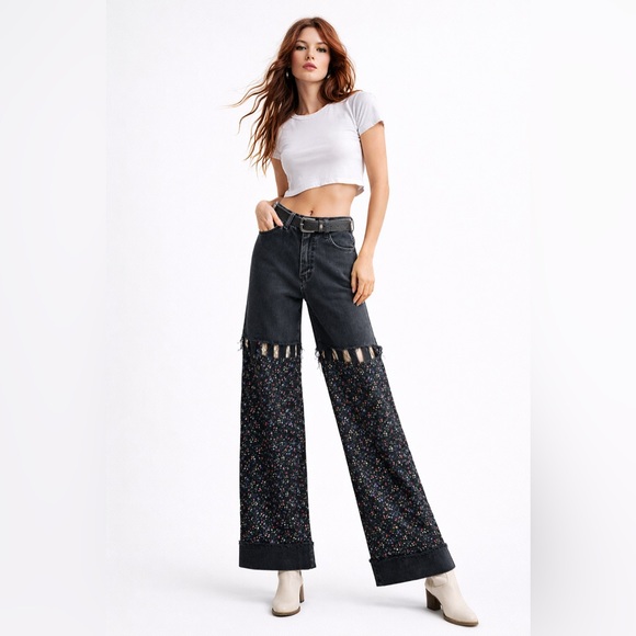 Upcycled Denim & Organic Cotton Floral Pants, Wide Leg Boho Patchwork Trousers S - Picture 8 of 15